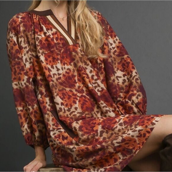 Umgee Animal Print Boho Tunic Dress with Contrast Trim sz Small - Picture 3 of 6